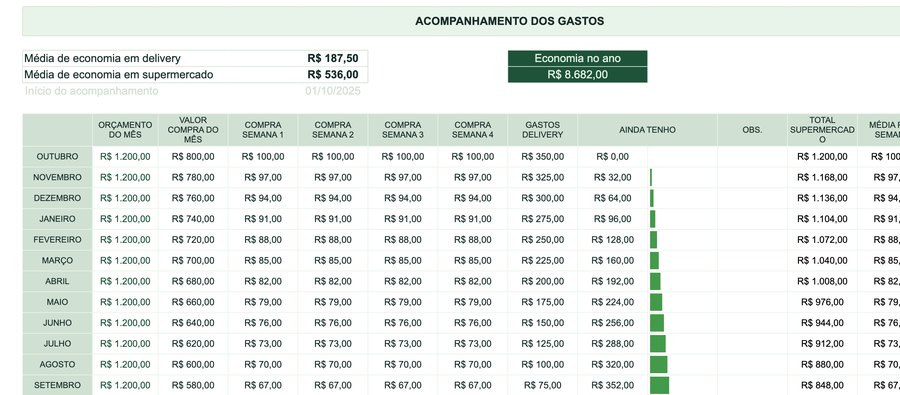 Aba de mapeamento dos gastos, com orçamento e histórico mês a mês