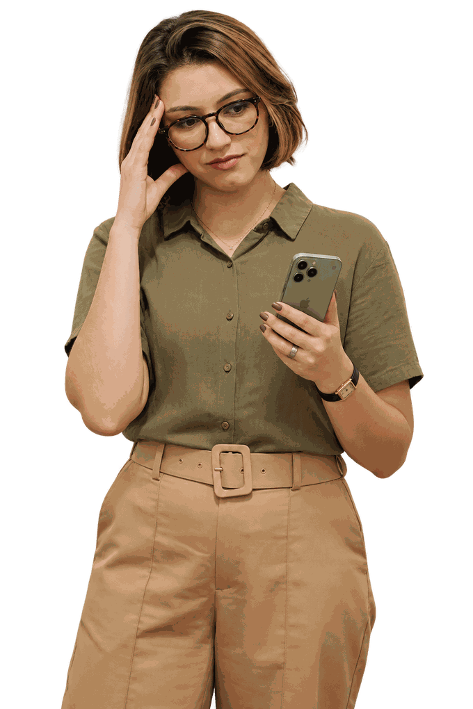 Mulher com a mão na cabeça, preocupada, olhando o celular
